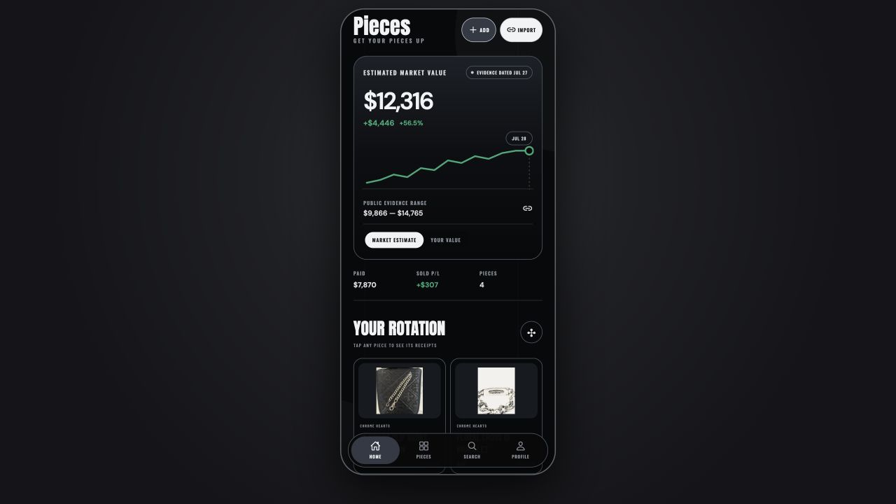 Current Pieces app showing estimated market value, evidence range and owned collection