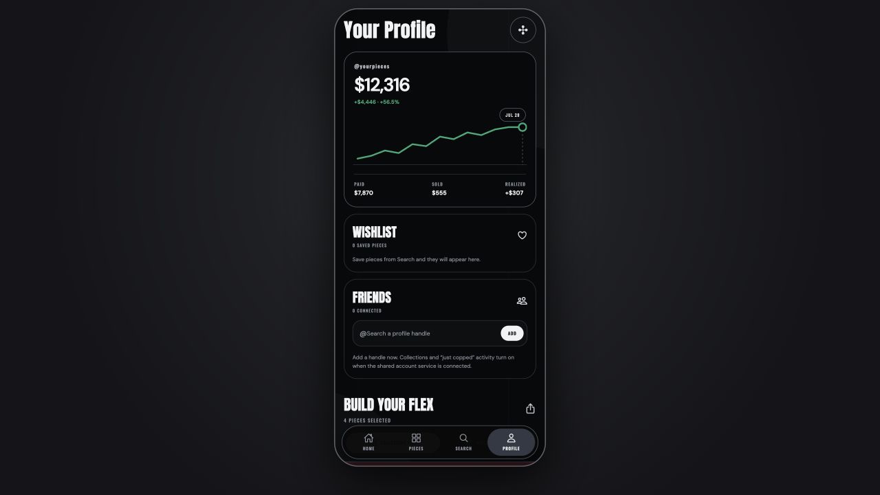 Current Pieces Profile screen with valuation history, wishlist and friends